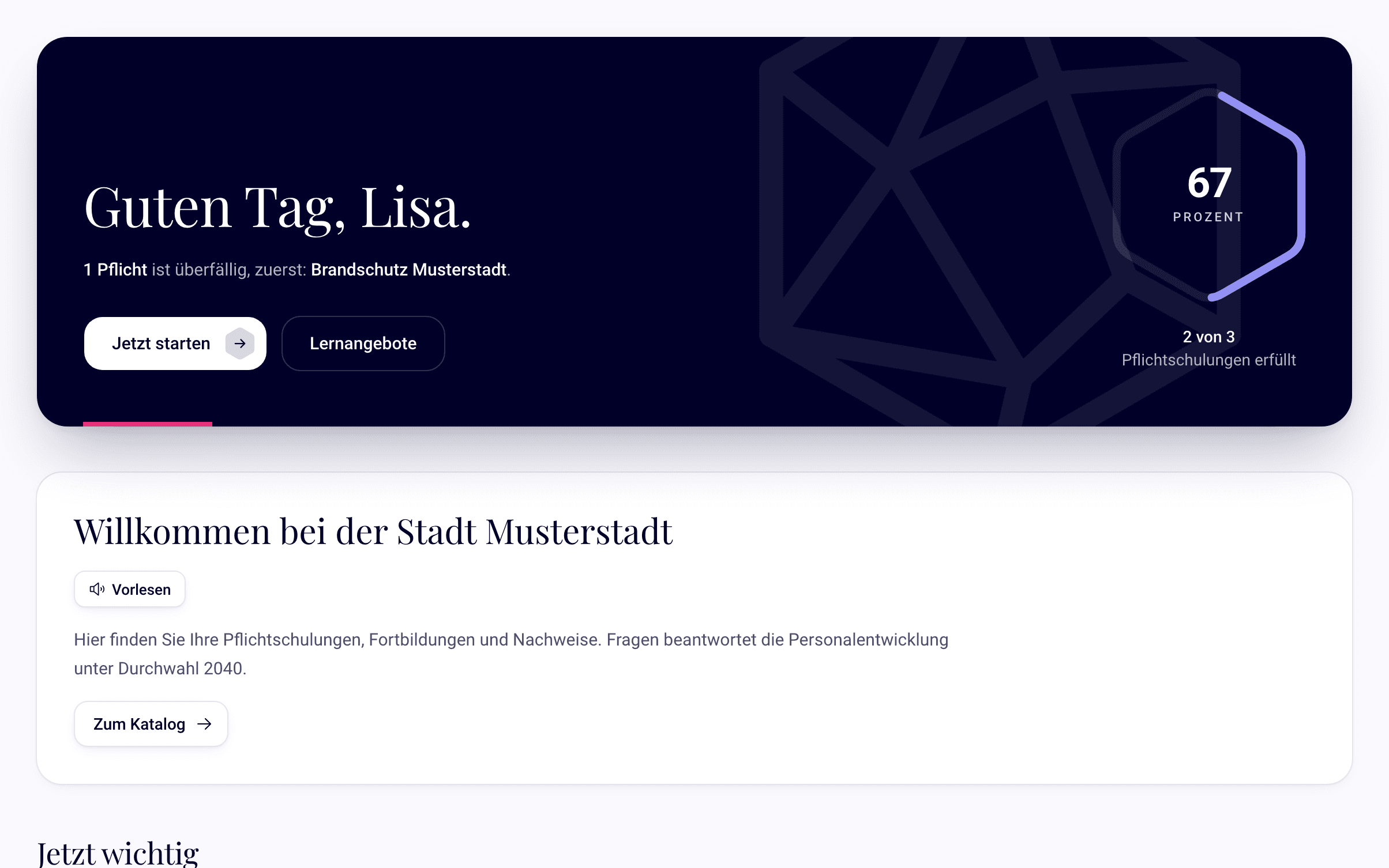Startseite einer Beschäftigten mit offenen Pflichtschulungen
