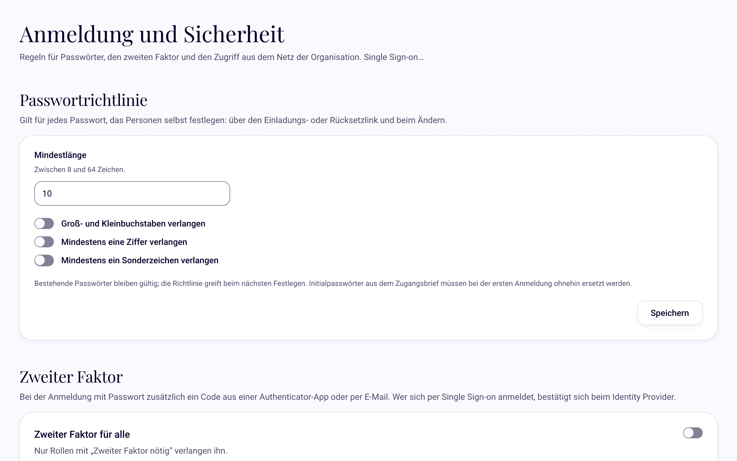 Sicherheitseinstellungen mit Passwortrichtlinie, Mehr-Faktor und Netzbeschränkung
