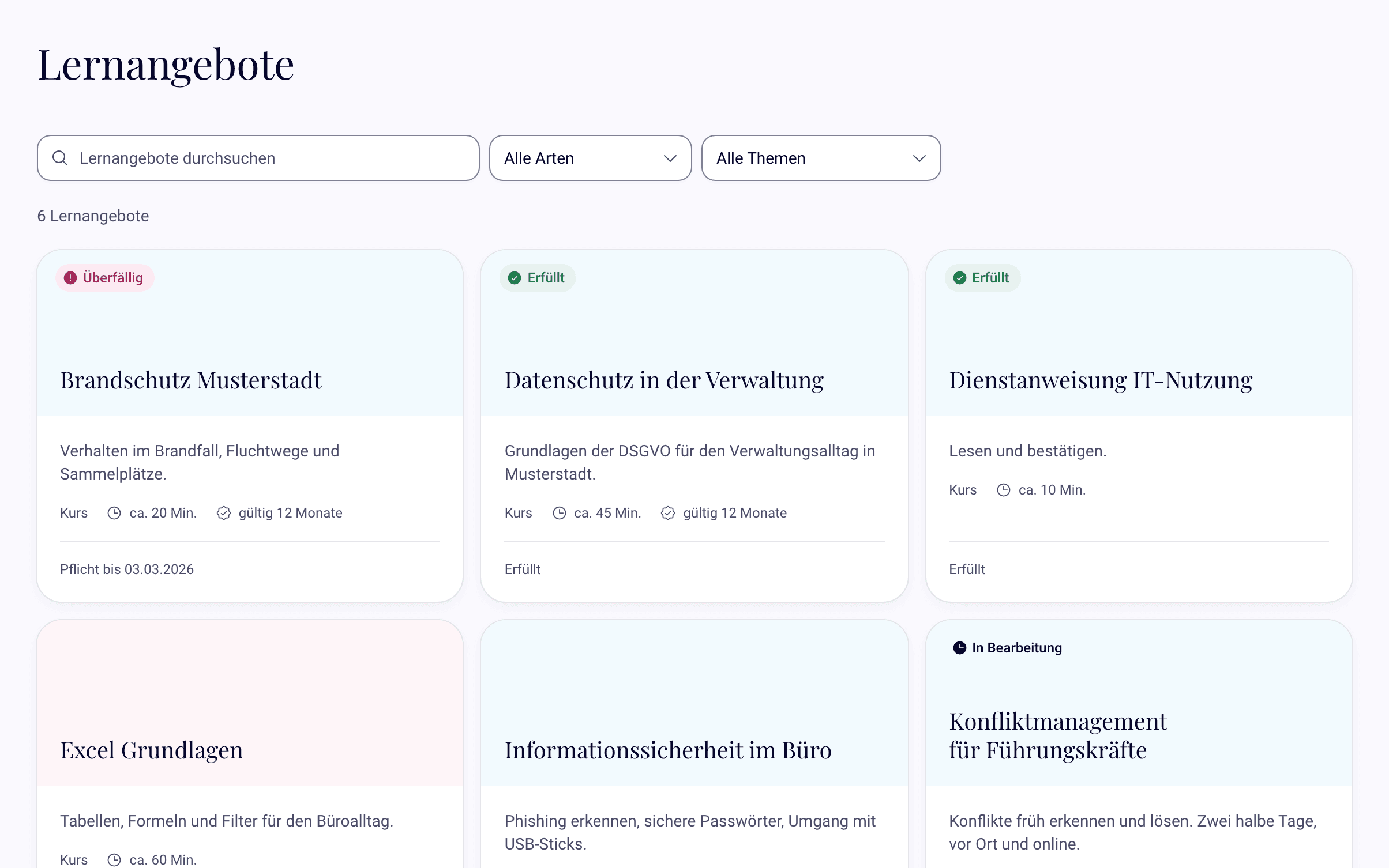 Katalog mit eTrainings nach Kategorien