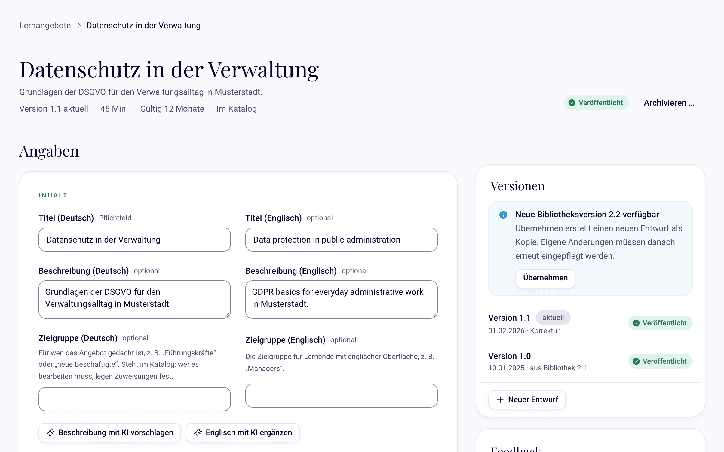Kurs mit Versionen, zweisprachigen Angaben und neuer Bibliotheksversion