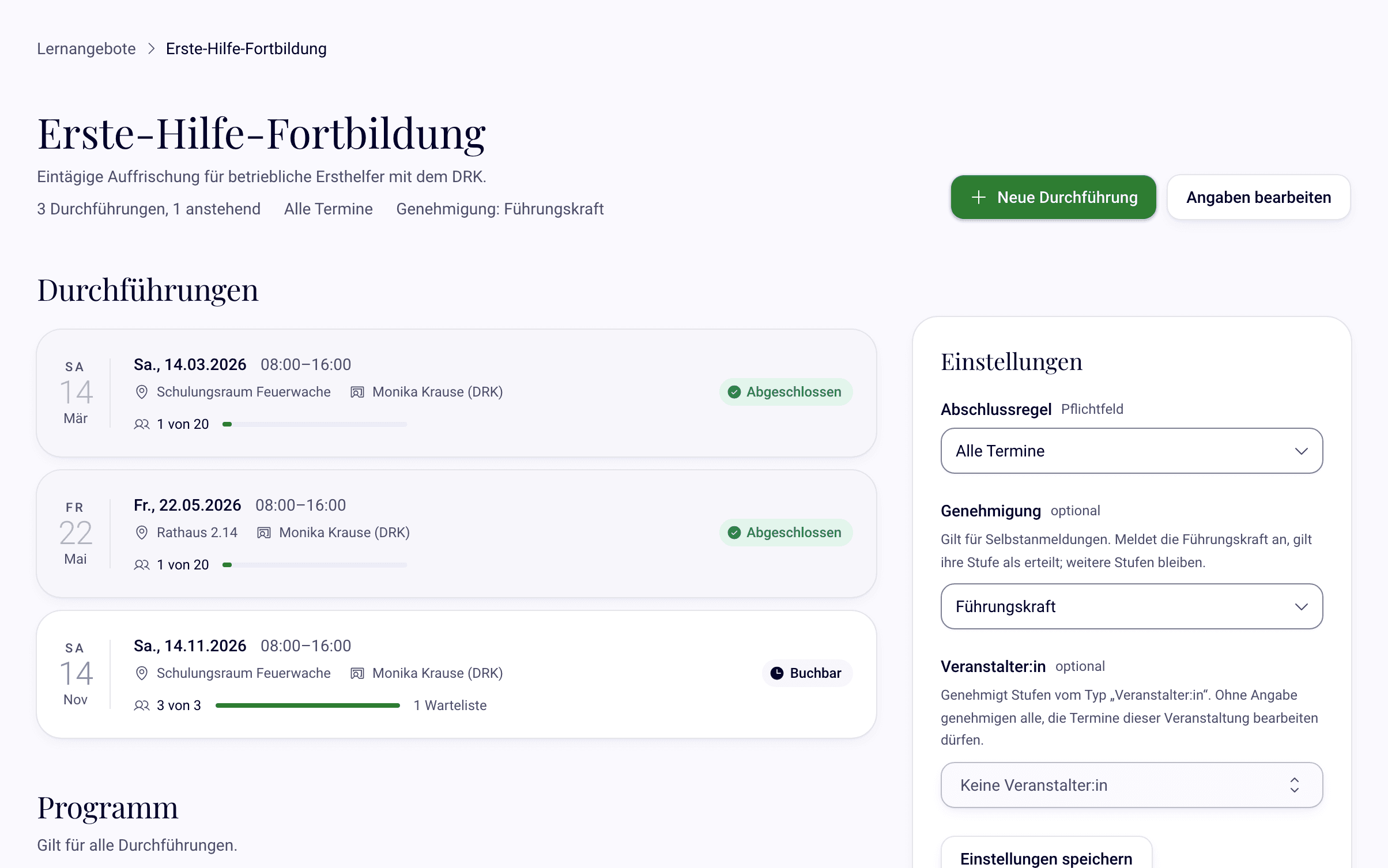 Veranstaltung mit Durchführungen, Terminen und Auslastung