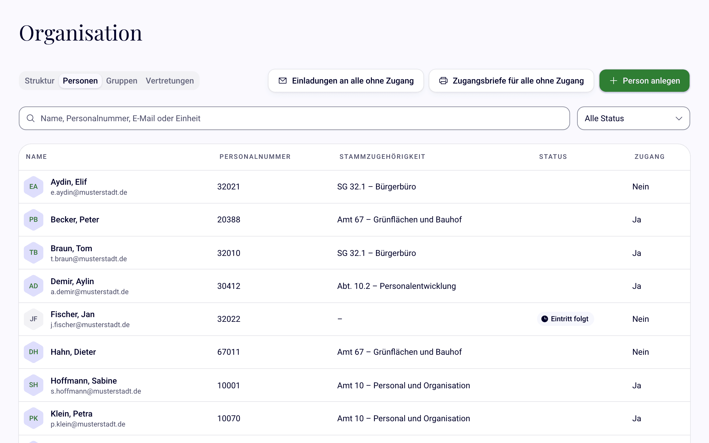Personenliste mit Personalnummer, Organisationseinheit und Status