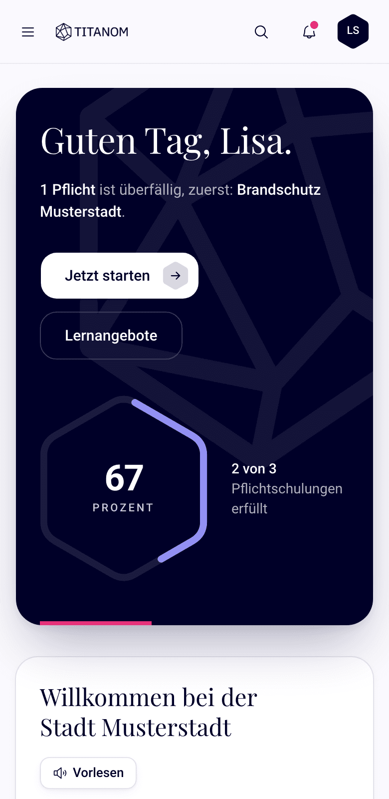 Startseite einer Beschäftigten auf dem Smartphone mit offenen Pflichtschulungen