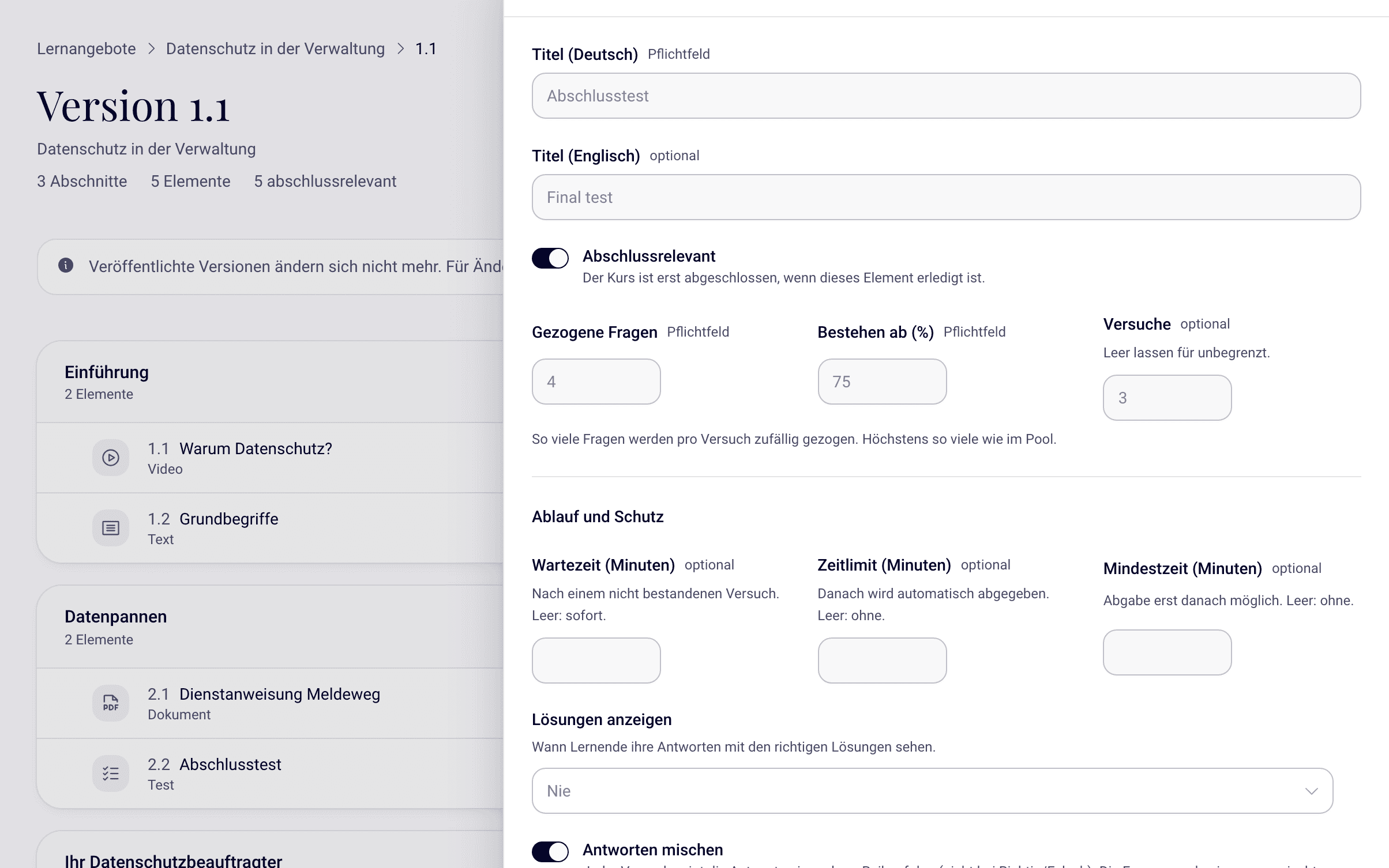 Test mit Fragen und Testeinstellungen